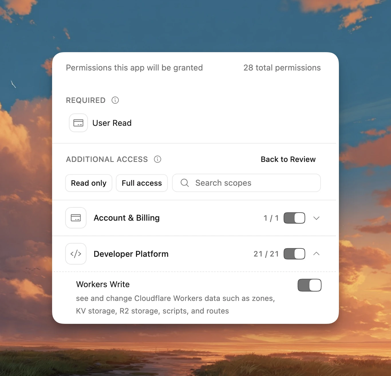 Figure 3: Editing optional permissions on the consent screen